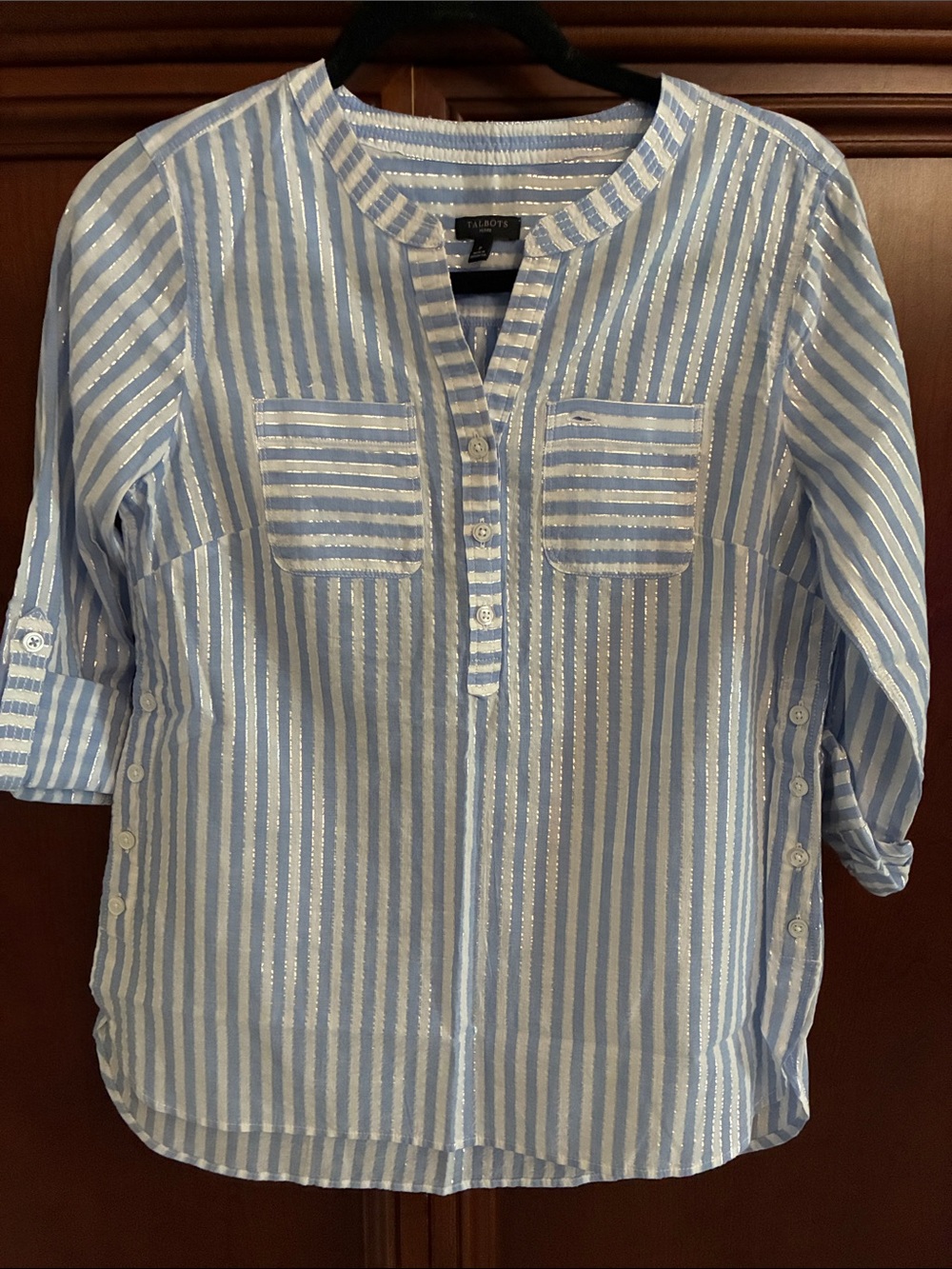 Talbots Blue and White Striped Button-Front Tunic Shirt